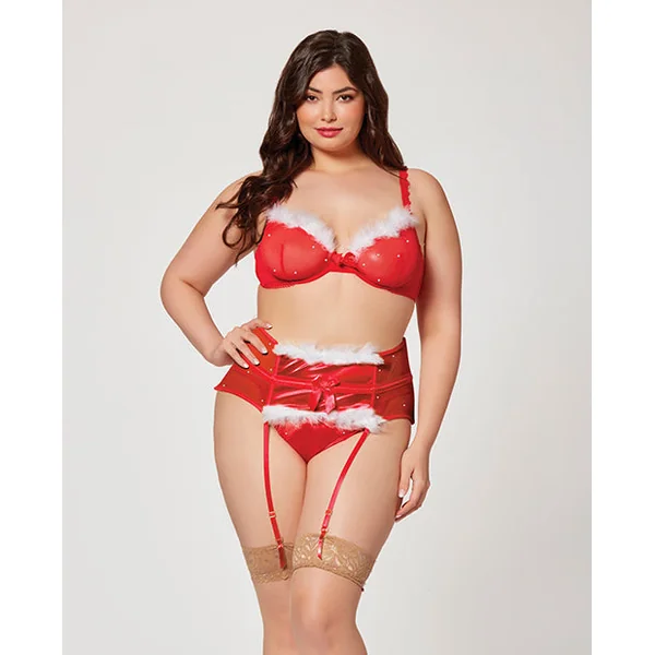 Holiday Sparkle Mesh Bra W/marabou Trim, Garter Belt & Panty Red