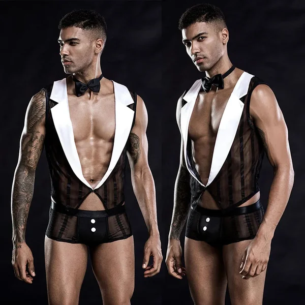 JSY Men’s Waiter Lace Bodysuit – Sexy Cosplay Lingerie Set & Erotic Roleplay Costume