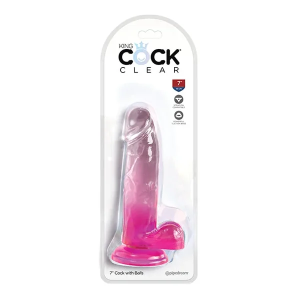 King Cock Clear 7″ Cock with Balls – Pink