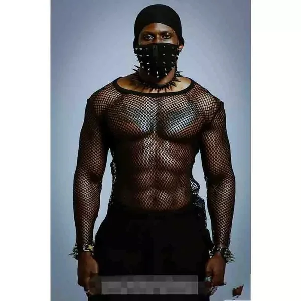 Korean-Inspired Young Men's Round Neck Mesh Hollow Sexy Slim-Fit Long Sleeve T-Shirt – Personalized Clubwear (S–XL)