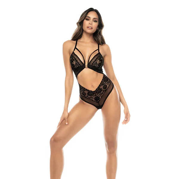 Lace & Mesh Teddy w/Front Clasp & Lace Up Back Black S/M