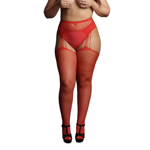 Le Désir Red Suspender Rhinestone Pantyhose XL