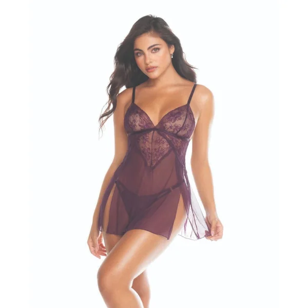 Mapale Lace and Mesh Baby Doll With Thong
