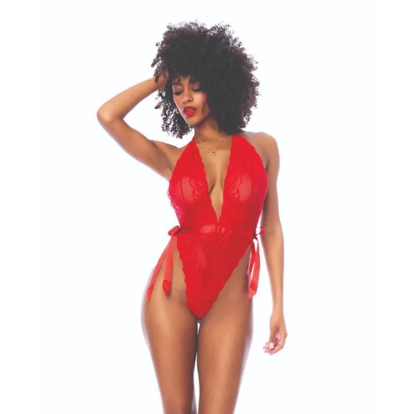 Mapale Lace Deep-V Halter Teddy With Hook and Eye Crotch Closure