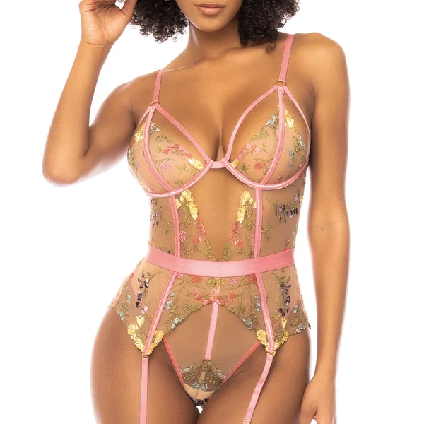 Mapale Rose Garden Sheer Floral Mesh Gartered Bodysuit