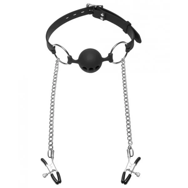 Master Series Hinder Ball Gag with Nipple Clamps
