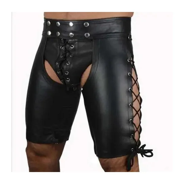 Men’s Faux Leather Lace-Up Bondage Shorts – Open Crotch PVC Gothic Fetish Lingerie