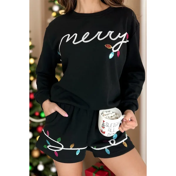 MERRY Sequin Round Neck Long Sleeve Top and Shorts Set