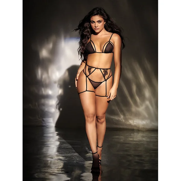 Mesh Top W/adjustable Coverage, Garter Belt & Thong Black