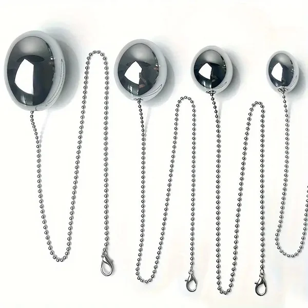 Metallic Stainless Steel Chain-Attached Elliptical Butt Plug For Outdoor Wear