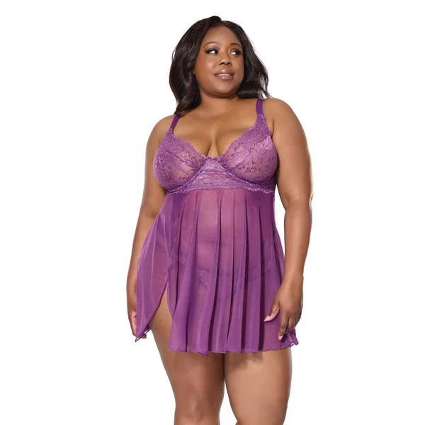Metallic Stretch Lace & Mesh Babydoll w/Thong - Purple 1X/2X