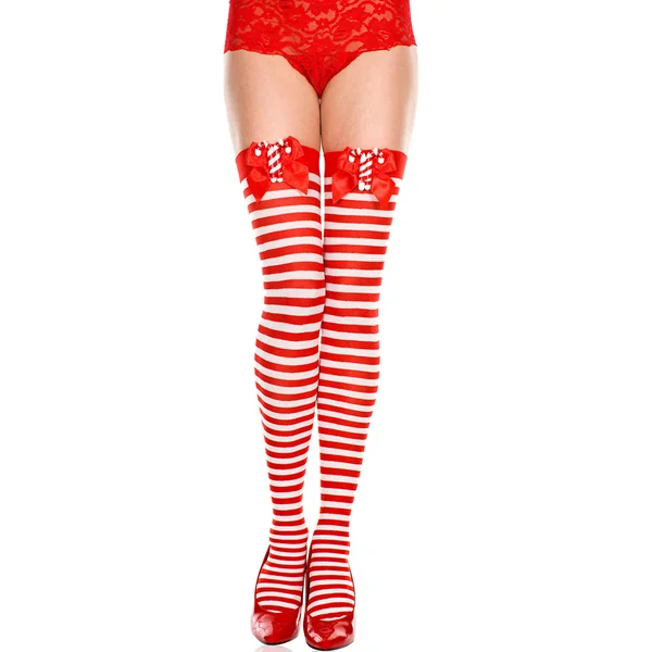 Music Legs Candy Cane Striped Bow Thigh-High Stockings