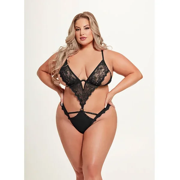 Nadia Lace & Mesh Cutout Teddy – Black 1X/2X