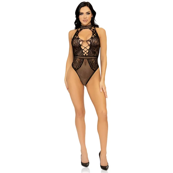 Net and Lace Keyhole Halter Bodysuit - One Size - Black