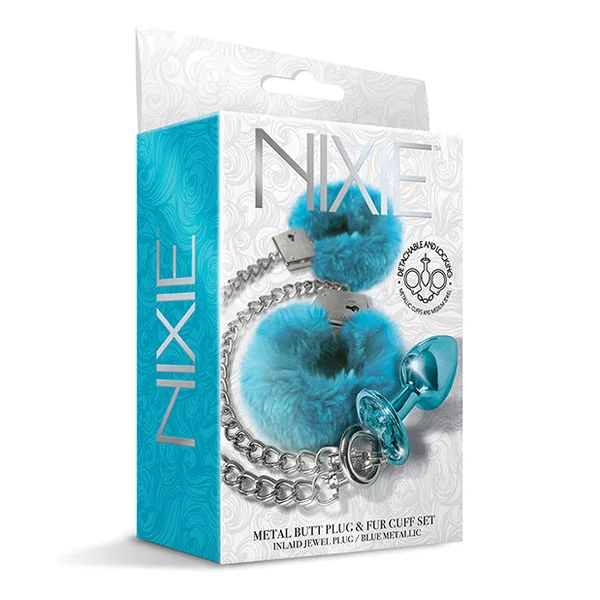 Nixie Metal Butt Plug W-inlaid Jewel & Fur Cuff Set - Blue Metallic