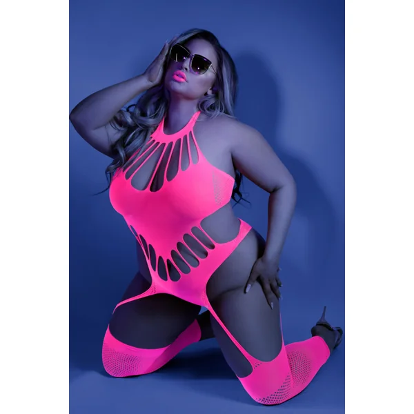 No Promises Teddy Bodystocking - One Size - Neon Pink