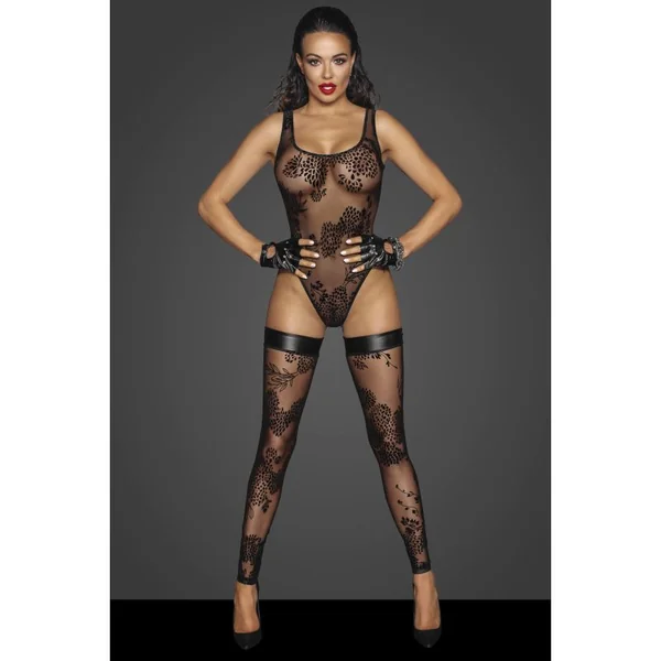 Noir Tulle Bodysuit W Patterned Flock Embroidery - Black - Large