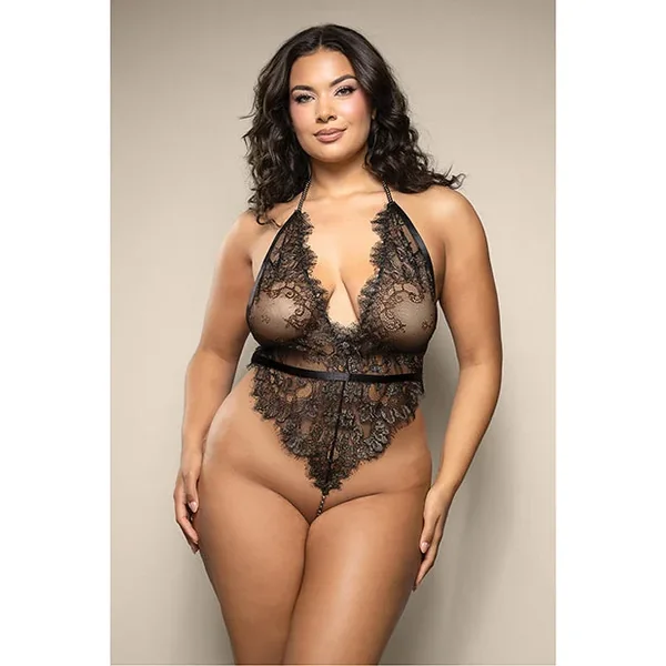 Opulence Metallic Eyelash Lace Teddy w/Pearl String Crotch – Black QN