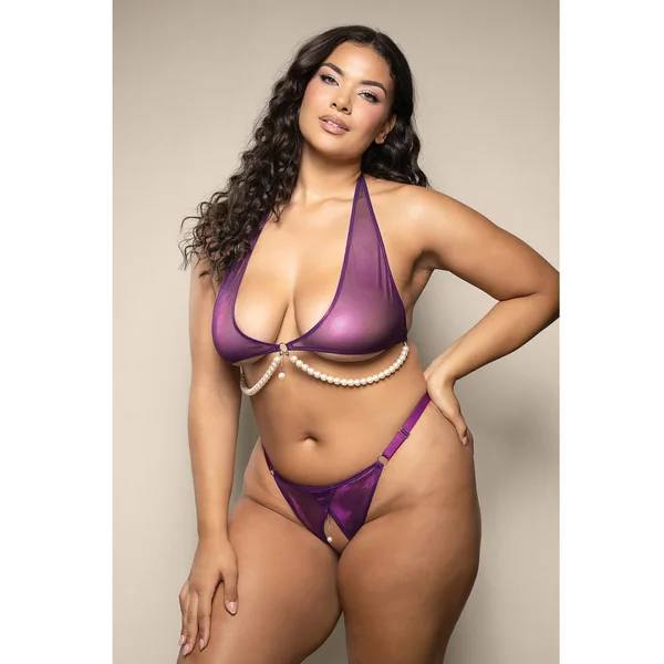 Opulence Shimmer Mesh Halter Top & Panty w/Pearl Details - Purple QN