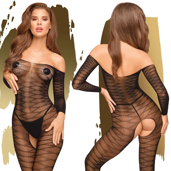 Penthouse Dreamy Diva Sheer Body Stocking with Open Crotch - Black O/S