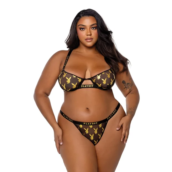 Playboy Gold Foil Mesh & Satin Bralette w/Thong 2 pc Set - Black/Gold 2X