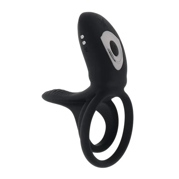 Playboy Just Right Rechargeable Silicone Dual Vibrating Cock Ring with Clitoral Stimulator- Black