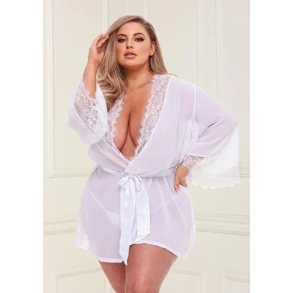 Plus Sheer Chiffon and Lace Robe with Full-Length Sleeves