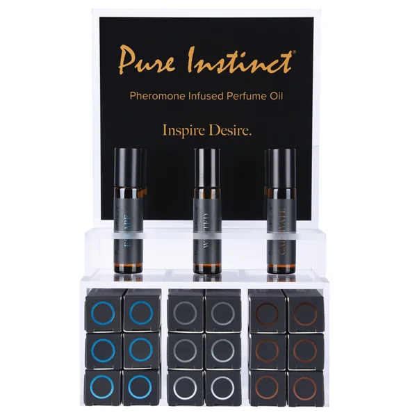 Pure Instinct Pheromone Infused Perfume Oil Men Acrylic Cube Display with Testers (22 Pcs)