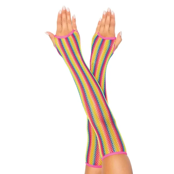 Rainbow Net Fingerless Arm Warmer Gloves - One Size - Multicolor
