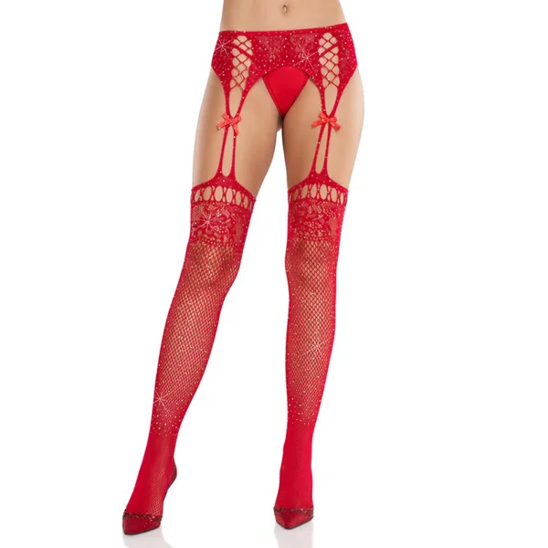 Red Rhinestone Lace Top Fishnet Stockings With - Gartner Belt - Os