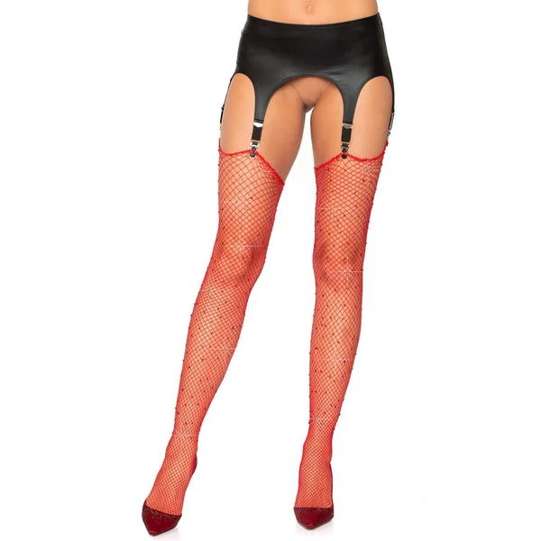 Rhinestone Fishnet Stockings - One Size - Red