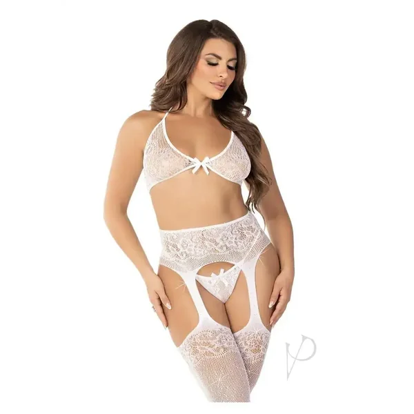 Rhinestone lace bra top g-string and fishnet garter belt White O/S