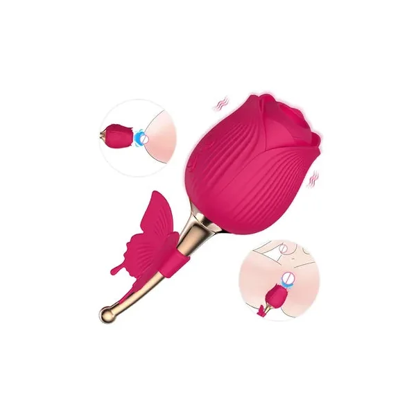 Rose Shaped Vibrator Pleasure Toy with Butterfly Clit Sucker and Nipple Stimulator