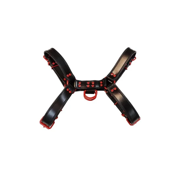 Rouge Leather Over The Head Harness Black with Red Accessories – XLarge