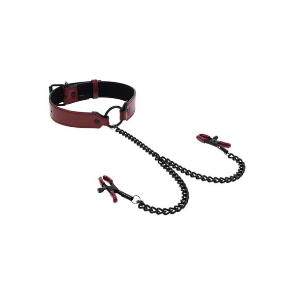 Saffron Collar With Nipple Clamps - Black/red