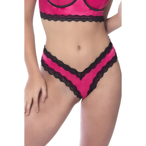 Satin Front High Leg Panty With Lace Edges and Mesh Back - Hot Pink - Small
