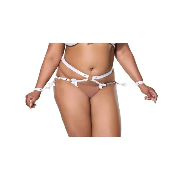 Satin Ribbon w/Elastic Harness & Cuffs Set – White/Gold QN