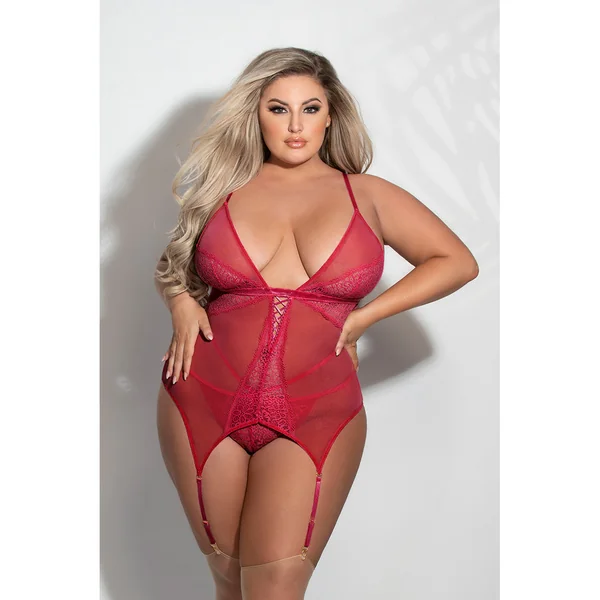 Seven til Midnight – Cami Set Lace & Mesh Details – Red – Queen