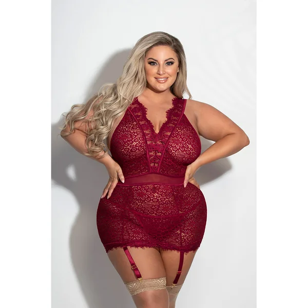 Seven til Midnight – Chemise Lace Flower Trim – Wine – Queen