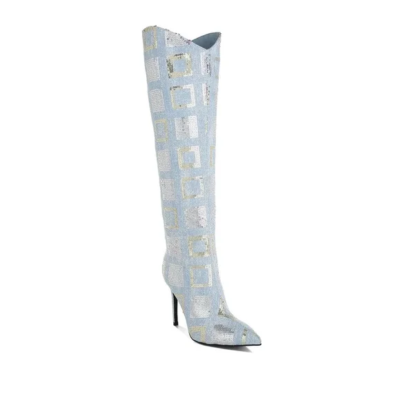 Sharmin Checkered Sequin Knee High Boots
