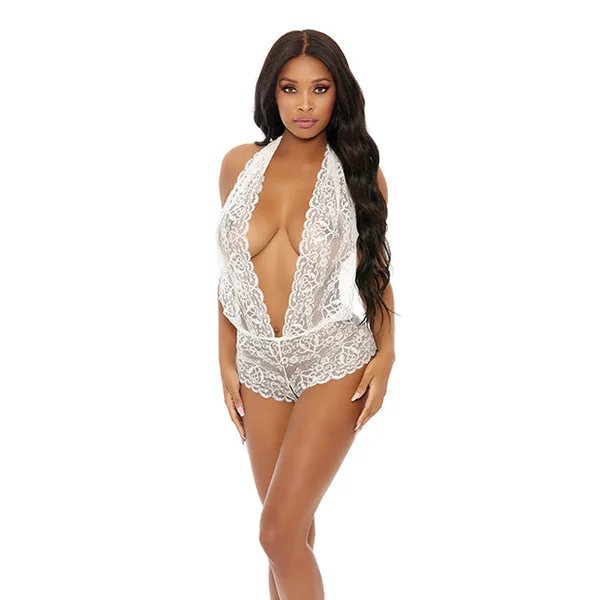 Sheer Lace Deep V Halter Bodysuit W/open Crotch White Xl
