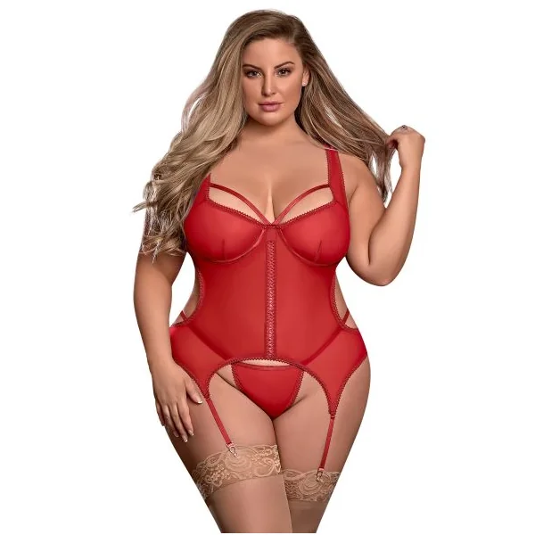 SHEER MESH MERRY WIDOW & G-STRING RED 2XL