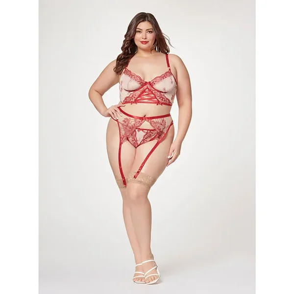 Sheer Stretch Mesh w/Floral Contrast Embroidery Bustier, Garter Belt & Thong Red/Nude 1X/2X