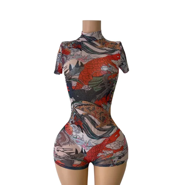 Short Tattoo Mesh Jumpsuit #003
