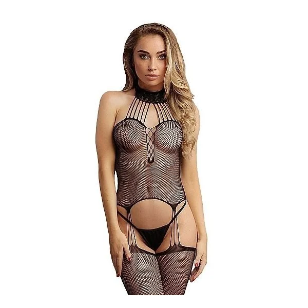 Shots Lingerie Suspender Fishnet Choker Bodystocking – Black