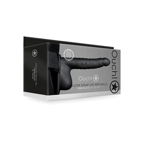 Shots Ouch 8" Ribbed Hollow Strap On W/balls - Black