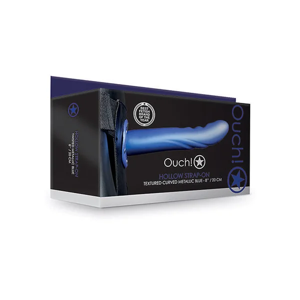 Shots Ouch 8" Textured Curved Hollow Strap On - Metallic Blue