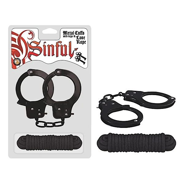 SINFUL METAL CUFFS W/LOVE ROPE BLACK
