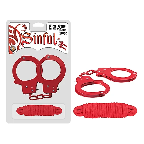 SINFUL METAL CUFFS W/LOVE ROPE RED
