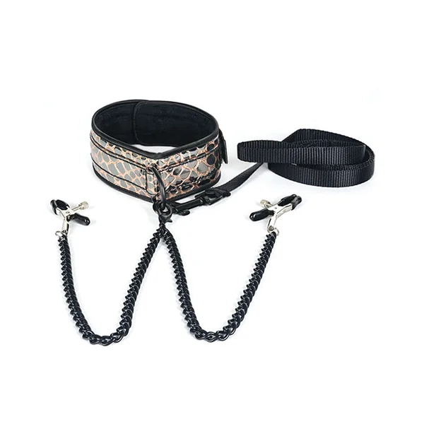 Spartacus Faux Leather Collar & Leash W/black Nipple Clamps